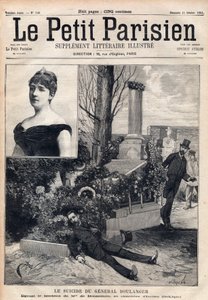 ベルギーのイクセル墓地でのジョルジュ・ブーランジェ将軍（1837-1891）の自殺、ボンヌマン夫人の墓の前での自殺。1891年の「Le petit Parisien」に掲載されたエングレーヴィング。個人蔵。