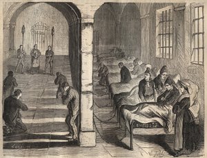 19世紀のトゥーロンのバッグンでのヴィアティカ。ピエール・ザッコーネ（1817-1895）の「Histoire des bagnes depuis leur création à nos jours」（1877年）に掲載されている版画（Colonia Penale - Penal colony）。個人蔵。