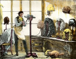 カトパンのカツラをスタイリングしているのは、男性の美容師。ミラーショー、手紙、メダルなどからのエングレーヴィング。芸術」1821-1823年 個人蔵