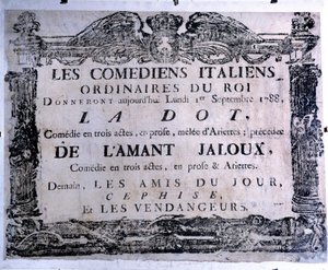 イタリア人コメディアンによる「点」と「嫉妬する恋人」の劇場ポスター（1788年9月1日）。パリカルナバレ博物館 作： Anonymous Anonymous