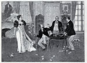 演劇の表現ジョルジュ・フェイドー（1862-1921）とモーリス・アンヌカン（1863-1926）がパリのパレ・ロワイヤル劇場で上演したボードビル「システマ・リバディエ」（Systeme Ribadier）。1892年の "Le monde illustree "に掲載されたエングレーヴィング。個人蔵。 作： Anonymous Anonymous