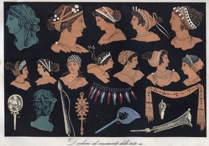 古代ギリシャのティアラと頭の装飾品-「宇宙万物の使用と風習」からの引用あるいは、最も遠い時代から現代に至るまでの、すべての国の政府、法律、民兵、宗教の歴史」1856年 作： Anonymous Anonymous