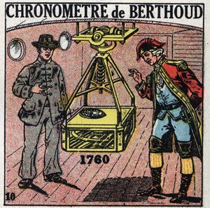 時刻：1760年にフェルディナン・ベルトー（1727-1807）が発明したマリン・クロノメーター。1925年の匿名のイラスト。個人蔵。