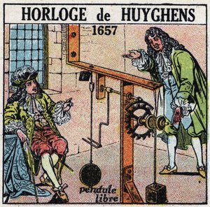 時刻：1657年にChristiaan Huygens（1629-1695）が発明した自由振り子の時計。1925年の匿名のイラスト。個人蔵。 作： Anonymous Anonymous