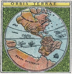 時間：オービス・テラエ（Orbis terrae）。エクアドルと熱帯地方が描かれた地球儀。1925年の匿名のイラスト。個人蔵。