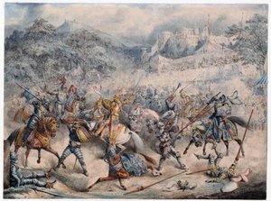 Tournoi (Moyen age) - Tournament of mounted knights - Anonymous - 1840 - Colour lithograph - 20,3x30,5 - Private Collection 作： Anonymous Anonymous