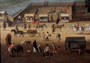 17世紀のパリのポン・ヌフの交通状況 詳細匿名の絵画。パリ、カルナヴァレ美術館 作： Anonymous Anonymous