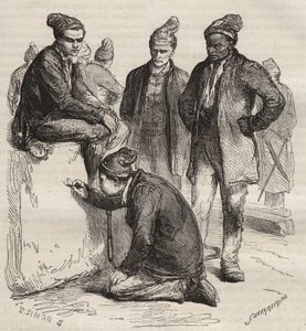 19世紀のブレストのバッグンのギャラリーの種類。ピエール・ザッコーネ（1817-1895）の「Histoire des bagnes depuis leur création à nos jours」（1877年）に掲載されたエングレーヴィング（Colonia Penale - Penal colony）。個人蔵。