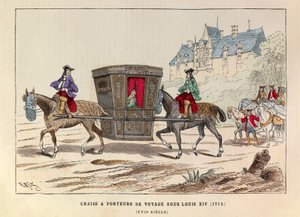 Une chaise à porter de voyage sous le reign du roi Louis XIV (1715) - フランス国王ルイ14世の時代に馬で運ばれたセダンの椅子 作： Anonymous Anonymous