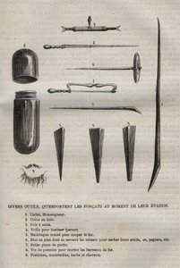 フォルカが逃げるときに持っている様々な道具。ピエール・ザッコーネ（1817-1895）の『Histoire des bagnes depuis leur création à nos jours』（1877年）に掲載されている版画（コロニア・ペナーレ：流刑地）。