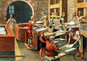 16世紀のイタリア、ファブリアーノの製紙工場の様子。さまざまな工程がある。図。個人蔵-イタリア・ファブリアーノの紙漉き工房