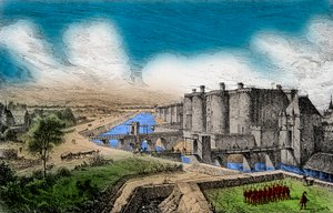 賢王シャルル5世（1338-1380）時代のバスティーユとその周囲の城壁の眺め、エングレーヴィング、個人蔵 作： Anonymous Anonymous