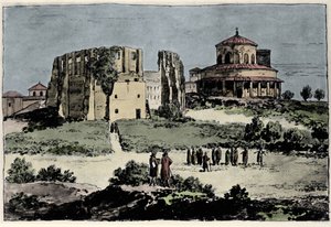 ローマの聖アグネーゼ聖堂の近くに4世紀に建てられたコンスタンティヌス帝の霊廟、サンタ・コンスタンツ教会（ンザ）の眺め 19世紀のイラスト 作： Anonymous Anonymous