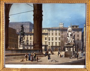 フィレンツェのシニョリーア広場にあるランジのロッジア（1576-1582）の眺め」 19世紀の匿名の絵画