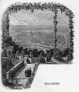 イタリア、ボローニャ（Bologna）の街の眺め アルマンゴー（armengaud）の「ヨーロッパの画廊-イタリア」にある1859年の彫刻。個人のコレクションです。