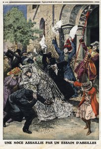 結婚式は蜂の大群に襲われた。1912年7月28日、"Le Petite Journal "に掲載されたエングレーヴィング。個人蔵。 作： Anonymous Anonymous