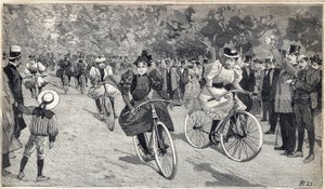 パリ近郊のブローニュの森で行われたベロシペッドの女性レース。1893年6月25日の「Le Petit Parisien」に掲載されたエングレーヴィング。 作： Anonymous Anonymous