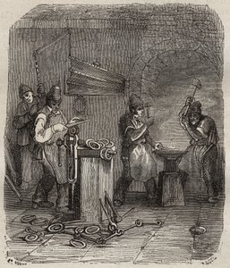 19世紀のロシュフォールのバグネでの労働者の部隊。ピエール・ザッコーネ（1817-1895）の「Histoire des bagnes depuis leur création à nos jours」（1877年）に掲載されたエングレーヴィング（Colonia Penale - Penal colony）。個人蔵。 作： Anonymous Anonymous