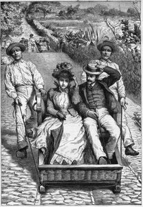 carros de cesto in Madeira 1893 - Les corinhos (carrieros) a Madere (Madeira) - hommes guiding a seat in two places on roulette (un corinho). エングレーヴィング in "Journal des voyages" 1893 作： Anonymous Anonymous