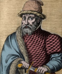 Timur (Tamerlane) (Taimur, Timur Lenk, Timur i Lneg, Tamburlaine or Taimur-e-Langfrom) (1336-1405)の肖像 パリ、Thevetの「Histoire de l