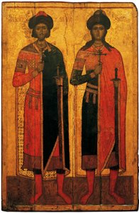聖人ボリスとグレブ、14世紀の真ん中。 作： Anonymous Russian icon painter