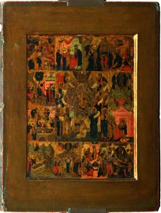 17世紀初頭の聖なる聖人への聖母アカトスの賛美歌の美化。 作： Anonymous Russian icon painter