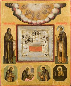 由緒あるアンソニーと洞窟のテオドシウス、17世紀 作： Anonymous Russian icon painter
