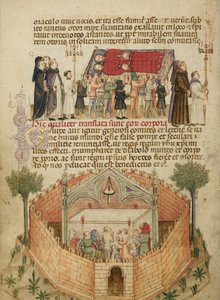 アイモとヴェルモンドの遺体の翻訳；アイモとヴェルモンドが埋葬された祭壇で祈るミラノの人々 作： Anovelo da Imbonate