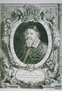 若き日のアウグスト（1579-1666）ブラウンシュヴァイク-ヴォルフェンビュッテル-ルーエネベルク公爵、コエンラッド・ワウマンズ作の「Portraits des Hommes Illustres」より、1706年に出版された（エングレーヴィング）