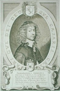 フェルディナント・エルンスト（ヴァレンシュタイン伯爵）、ペトルス・デ・アイオデ作の「Portraits des Hommes Illustres」より、1706年に出版された（エングレーヴィング）。 作： Anselmus van (after) Hulle