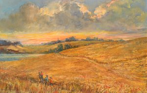 オーウェル川を見下ろす夕日のトウモロコシ畑 作： Anthea Durose