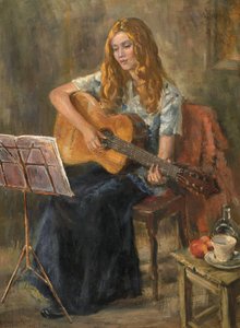 ギターを弾くニコラ 作： Anthea Durose
