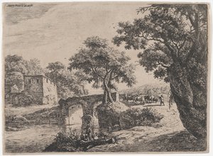 石橋の近くの群れ、17 世紀。 作： Anthonie Waterloo