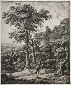 Ovid の Metamorphoses: Apollo and Daphne のシーンを含む 6 つの大きな直立した風景 作： Anthonie Waterloo