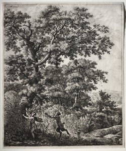 Ovid の Metamorphoses: Pan and Syrinx のシーンを含む 6 つの大きな直立した風景 作： Anthonie Waterloo