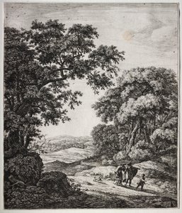 旧約聖書の場面を含む 6 つの大きな直立風景画: アブラハムがハガルとイシュマエルを見捨てる 作： Anthonie Waterloo