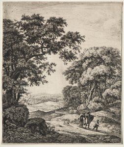 旧約聖書の場面を含む 6 つの大きな直立風景画: アブラハムがハガルとイシュマエルを見捨てる 作： Anthonie Waterloo