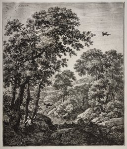 旧約聖書のシーンを含む 6 つの大きな直立した風景: 鴉に餌を与えられたエリヤ 作： Anthonie Waterloo