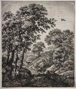 旧約聖書のシーンを含む 6 つの大きな直立した風景: 鴉に養われたエリヤ 作： Anthonie Waterloo