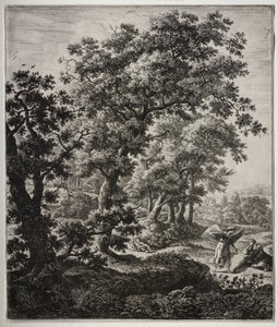 旧約聖書の場面を含む 6 つの大きな直立風景画: 天使に慰められるハガル 作： Anthonie Waterloo
