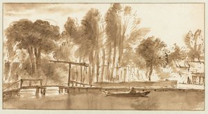跳ね橋のある樹木が茂った川の風景 作： Anthonie van Borssom (attributed to)