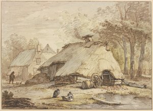 木々の下の3軒の小屋、前景に座る3羽のアヒル 作： アントニー・ファン・ボルソム