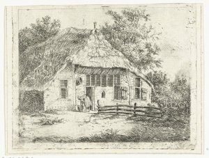 Staphorstの家の前でかごを持ってかがむ女性 作： Anthonie van den Bos