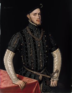 フィリップ 2 世 (1527-1598) の肖像、スペインとポルトガルの王 - アントニス (アントニス) モル (1517-1577 年頃) による絵画、木に油彩 (107.5x83.3 cm)、1550 年頃 - フィリップ 2 世の肖像、王スペインとポルトガルの、Antonis Morによる木材に油彩、1550年頃 - Pr