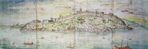 スペイン、タラゴナのパノラマビュー（ペンとインク、紙にトイレ） 作： Anthonis van den Wyngaerde