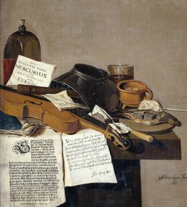 De Waere Mercurius のコピーのある静物画、1639 年 6 月 28 日の 3 隻のイギリス船に対するトロンプの勝利のニュースを載せたブロードシート、アペレスと靴屋の物語を語る詩