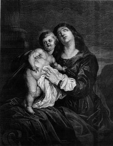 聖母と幼いイエス。アントン・ヴァン・ダイク(1599-1641)の絵画に基づくエングレーヴィング。1880年12月25日付「Le Monde Illustré」1239号に掲載されたエングレーヴィング。 作： Anthony van (after) Dyck
