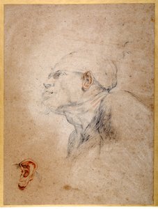 包帯を巻かれた男の頭、左耳の別リハーサル（紙に黒と赤のチョーク 作： Anthony van Dyck
