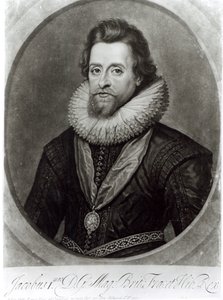ジェームズ1世（1566-1625）の肖像画（ニコラスヒリアード（1547-1619）による1617年のミニチュア、ジョージヴァーチュー（1684-1756）による彫刻） 作： Anthony van Dyck