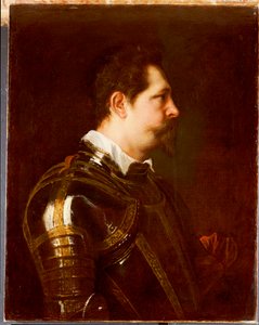 一般的なバストの長さの肖像画。白い襟と赤いサッシュが施されたダマスクの鎧 作： Anthony van Dyck